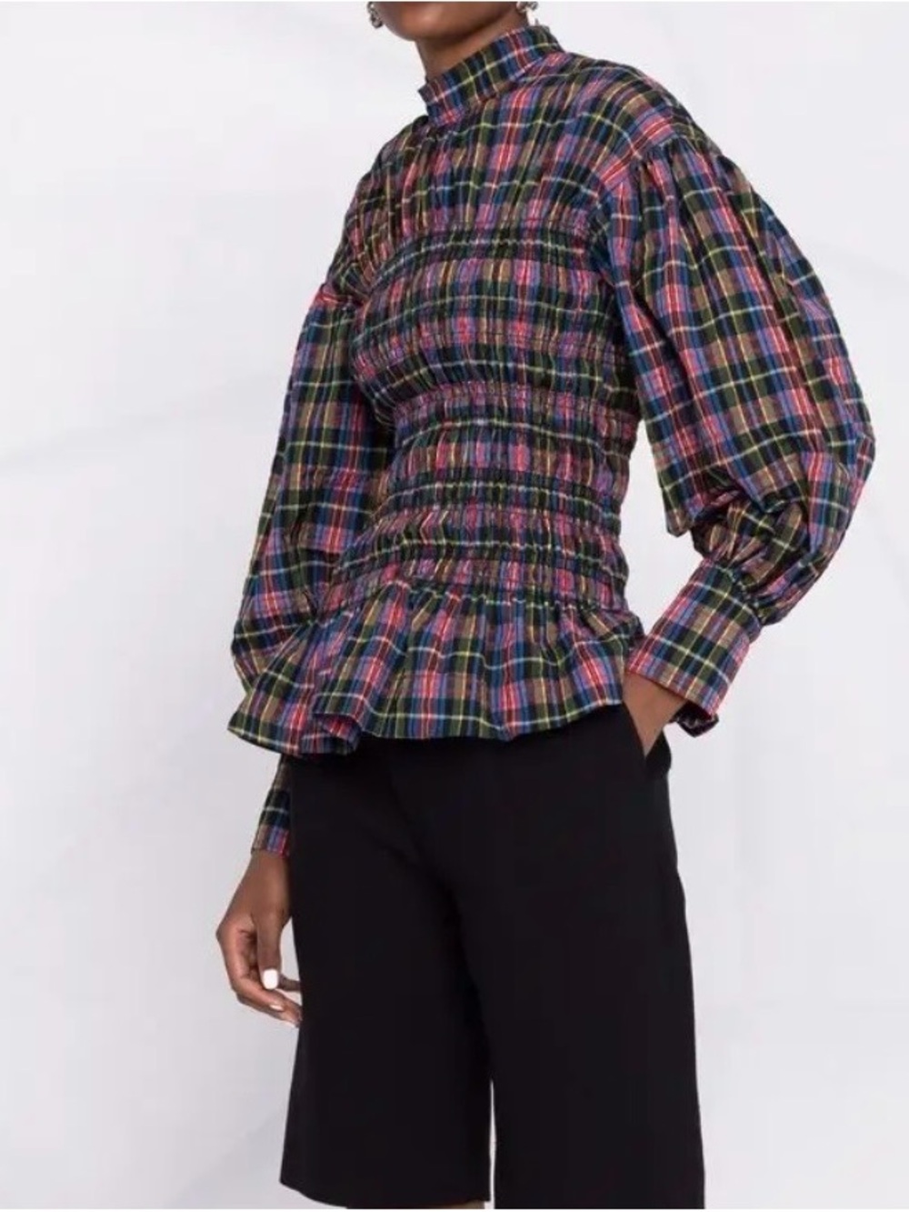 NWT GANNI Check Tartan High Neck Ruched Corset Balloon Sleeve Blouse 34/4 Small
